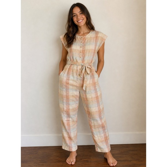 Wares by Olli Ella Pants - Wares by Olli Ella Plaid Jumpsuit With Pockets Women XS Organic Cotton Tie Waist